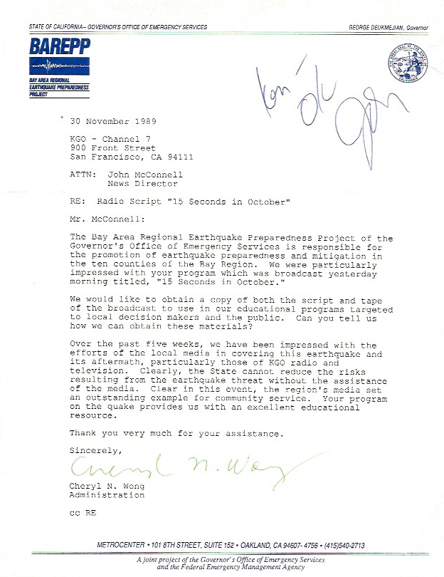 KGO 15 seconds in October Earthquake preparedness letter Loma Prieta 1989